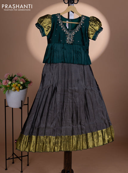 Pure silk kids lehenga dark green and dark grey with embroidery beads work neck pattern & puff sleeve and zari woven border for 10 year