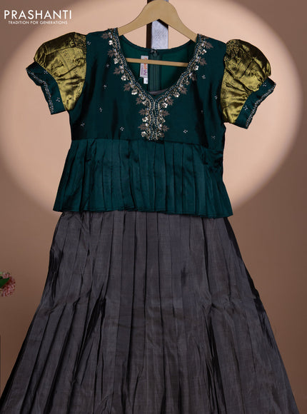 Pure silk kids lehenga dark green and dark grey with embroidery beads work neck pattern & puff sleeve and zari woven border for 10 year