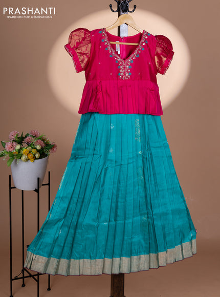 Pure silk kids lehenga pink and teal blue with embroidery beads work neck pattern & puff sleeve and zari woven border for 11 years