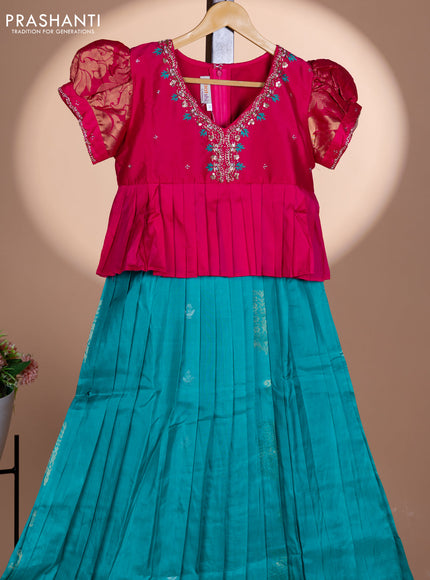Pure silk kids lehenga pink and teal blue with embroidery beads work neck pattern & puff sleeve and zari woven border for 11 years