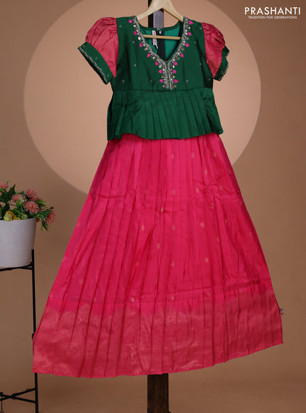 Pure silk kids lehenga green and pink with embroidery beads work neck pattern & puff sleeve and zari woven border for 11 years