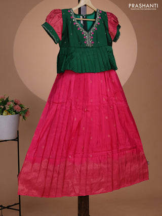 Pure silk kids lehenga green and pink with embroidery beads work neck pattern & puff sleeve and zari woven border for 11 years