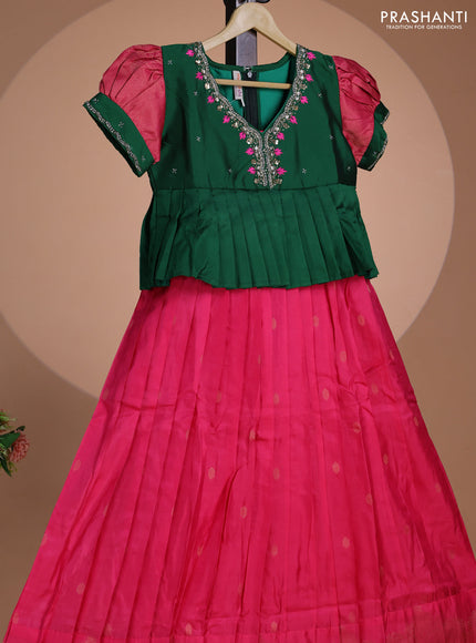 Pure silk kids lehenga green and pink with embroidery beads work neck pattern & puff sleeve and zari woven border for 11 years