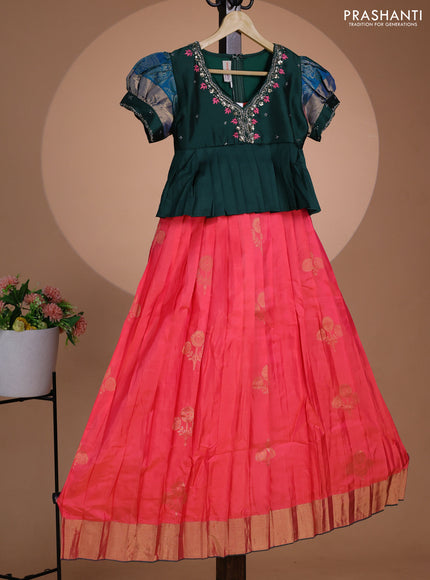 Pure silk kids lehenga dark green and peach pink with embroidery beads work neck pattern & puff sleeve and zari woven border for 11 years