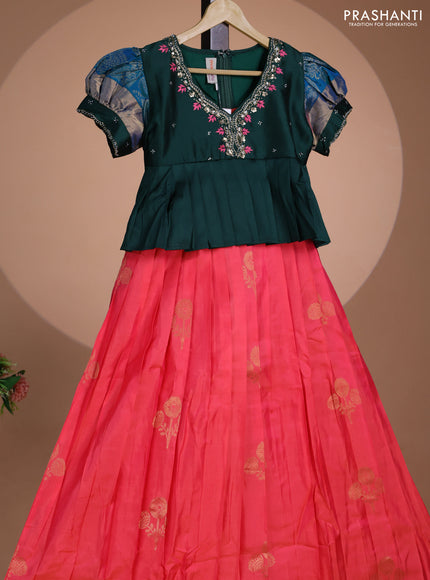 Pure silk kids lehenga dark green and peach pink with embroidery beads work neck pattern & puff sleeve and zari woven border for 11 years