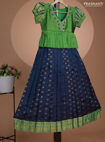 Pure silk kids lehenga light green and dual shade of peacock blue with embroidery beads work neck pattern & puff sleeve and zari woven border for 11 years