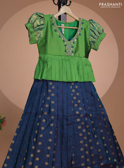 Pure silk kids lehenga light green and dual shade of peacock blue with embroidery beads work neck pattern & puff sleeve and zari woven border for 11 years