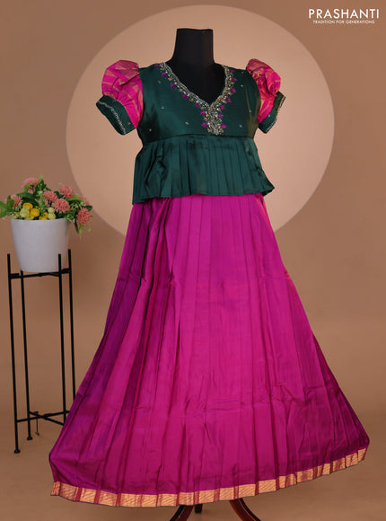 Pure silk kids lehenga dark green and purple with embroidery beads work neck pattern & puff sleeve and zari woven border for 12 years