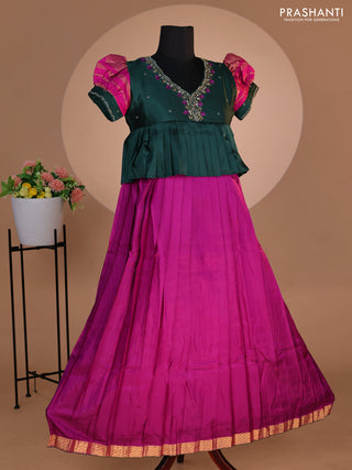 Pure silk kids lehenga dark green and purple with embroidery beads work neck pattern & puff sleeve and zari woven border for 12 years