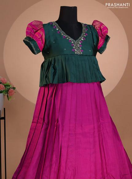Pure silk kids lehenga dark green and purple with embroidery beads work neck pattern & puff sleeve and zari woven border for 12 years