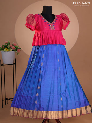 Pure silk kids lehenga pink and dual shade of cs blue with embroidery beads work neck pattern & puff sleeve and zari woven border for 12 years