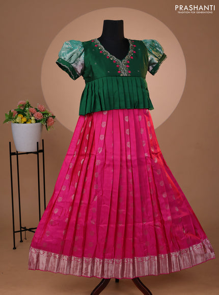 Pure silk kids lehenga green and pink with embroidery beads work neck pattern & puff sleeve and silver zari woven border for 12 years