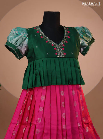 Pure silk kids lehenga green and pink with embroidery beads work neck pattern & puff sleeve and silver zari woven border for 12 years