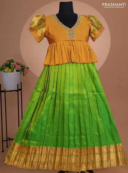 Pure silk kids lehenga mustard yellow and light green with embroidery beads work neck pattern & puff sleeve and zari woven border for 12 years