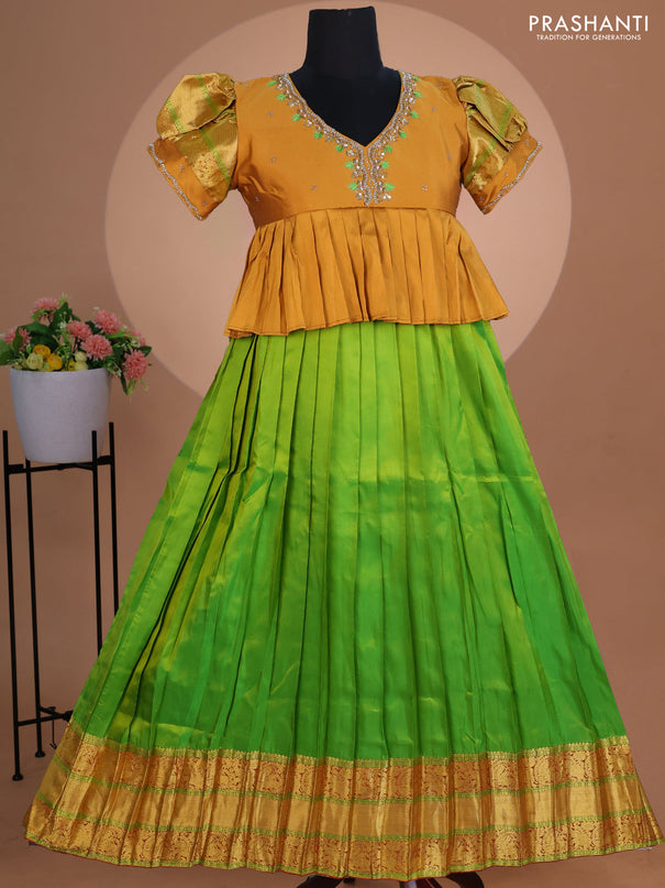 Pure silk kids lehenga mustard yellow and light green with embroidery beads work neck pattern & puff sleeve and zari woven border for 12 years