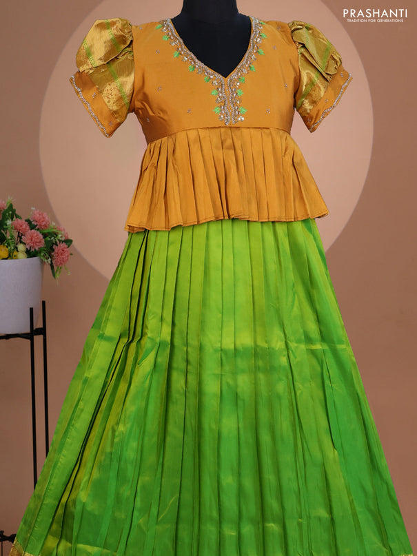 Pure silk kids lehenga mustard yellow and light green with embroidery beads work neck pattern & puff sleeve and zari woven border for 12 years