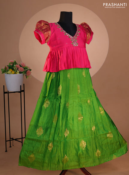 Pure silk kids lehenga pink and dual shade of green with embroidery beads work neck pattern & puff sleeve and zari woven border for 12 years