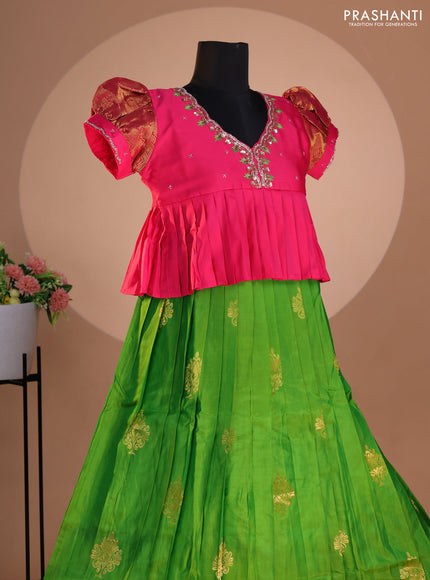 Pure silk kids lehenga pink and dual shade of green with embroidery beads work neck pattern & puff sleeve and zari woven border for 12 years