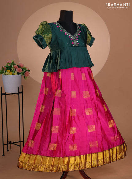Pure silk kids lehenga dark green and dual shade of magenta pink with embroidery beads work neck pattern & puff sleeve and zari woven border for 12 years