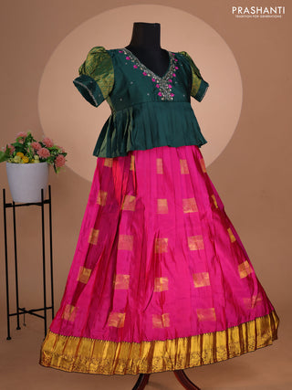Pure silk kids lehenga dark green and dual shade of magenta pink with embroidery beads work neck pattern & puff sleeve and zari woven border for 12 years