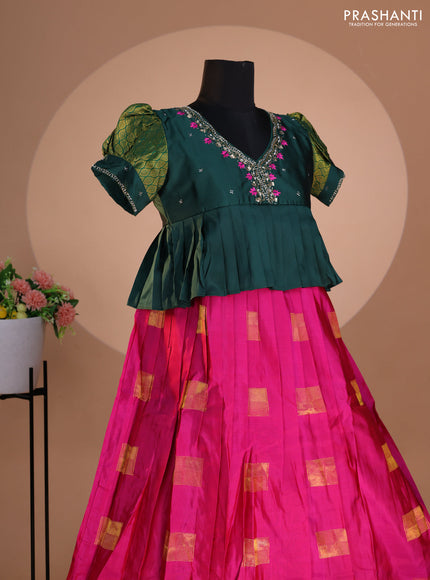 Pure silk kids lehenga dark green and dual shade of magenta pink with embroidery beads work neck pattern & puff sleeve and zari woven border for 12 years