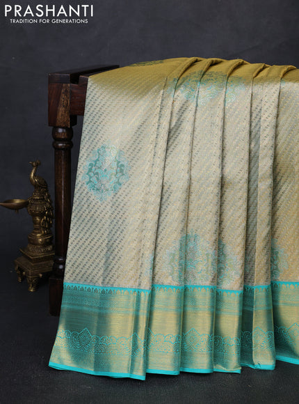 Pure kanchipuram tissue silk saree gold and teal blue with allover zari woven brocade weaves and rich zari woven border