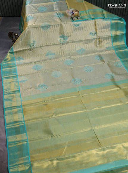 Pure kanchipuram tissue silk saree gold and teal blue with allover zari woven brocade weaves and rich zari woven border
