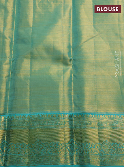 Pure kanchipuram tissue silk saree gold and teal blue with allover zari woven brocade weaves and rich zari woven border