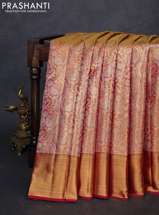 Pure kanchipuram tissue silk saree gold and maroon with allover zari woven brocade weaves and rich zari woven border