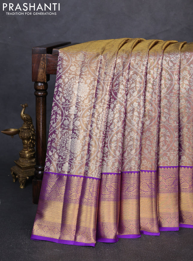 Pure kanchipuram tissue silk saree dual shade of gold and violet with allover zari woven brocade weaves and rich zari woven border