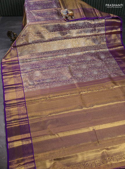 Pure kanchipuram tissue silk saree dual shade of gold and violet with allover zari woven brocade weaves and rich zari woven border