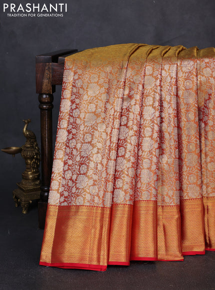 Pure kanchipuram tissue silk saree golden red and red with allover zari woven brocade weaves and rich zari woven border