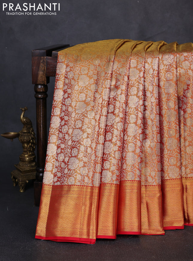 Pure kanchipuram tissue silk saree golden red and red with allover zari woven brocade weaves and rich zari woven border