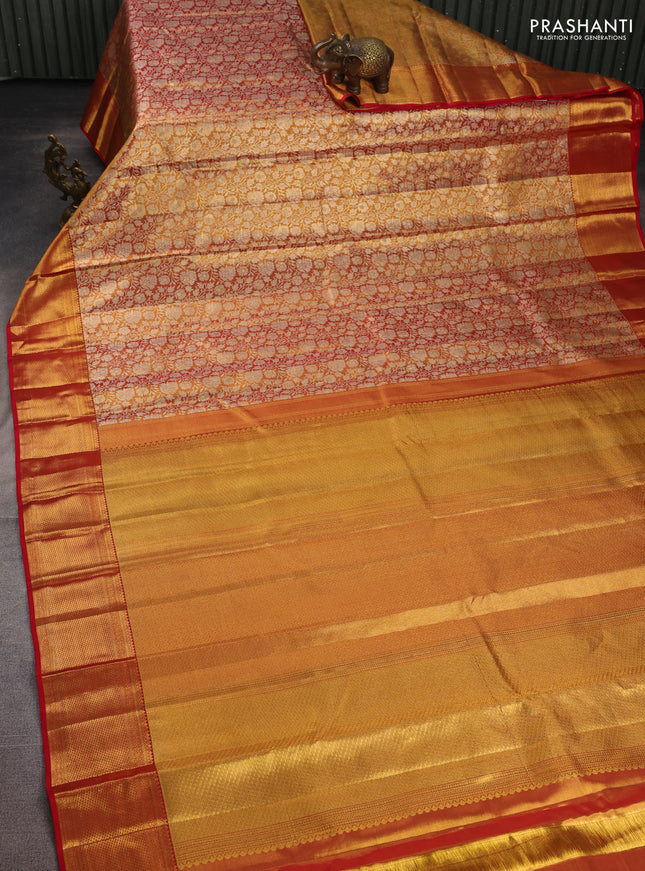 Pure kanchipuram tissue silk saree golden red and red with allover zari woven brocade weaves and rich zari woven border
