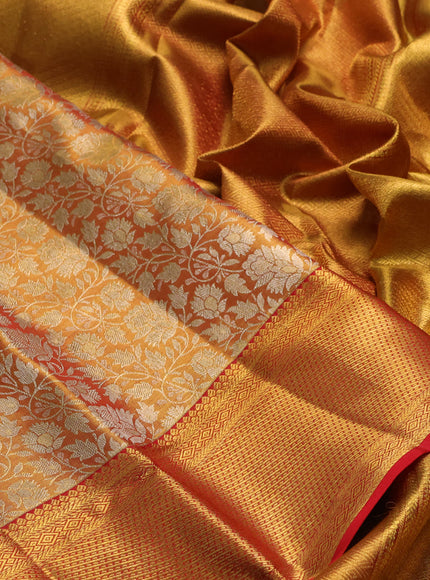 Pure kanchipuram tissue silk saree golden red and red with allover zari woven brocade weaves and rich zari woven border