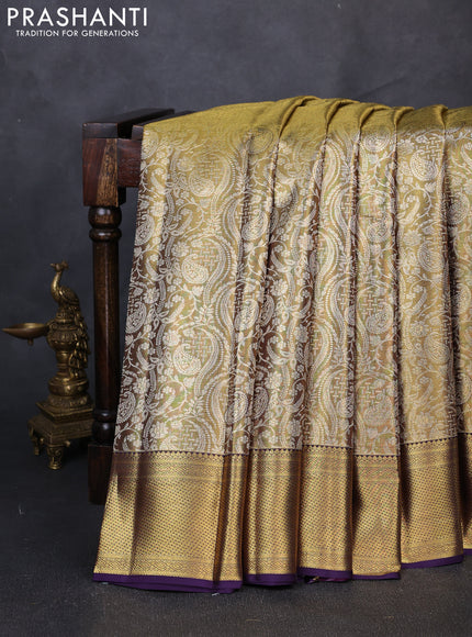 Pure kanchipuram tissue silk saree gold and deep violet with allover silver zari woven brocade weaves and rich zari woven border