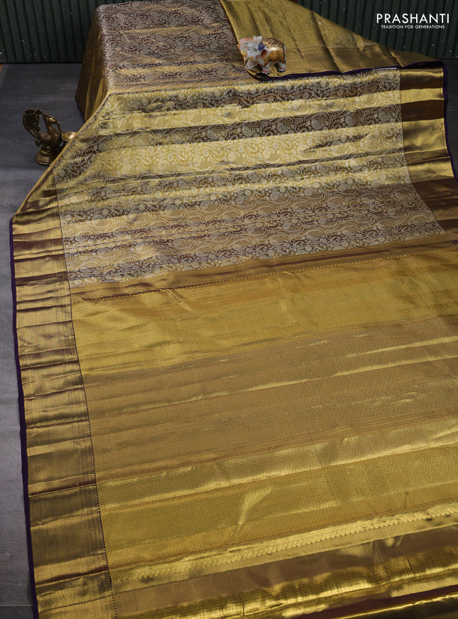 Pure kanchipuram tissue silk saree gold and deep violet with allover silver zari woven brocade weaves and rich zari woven border