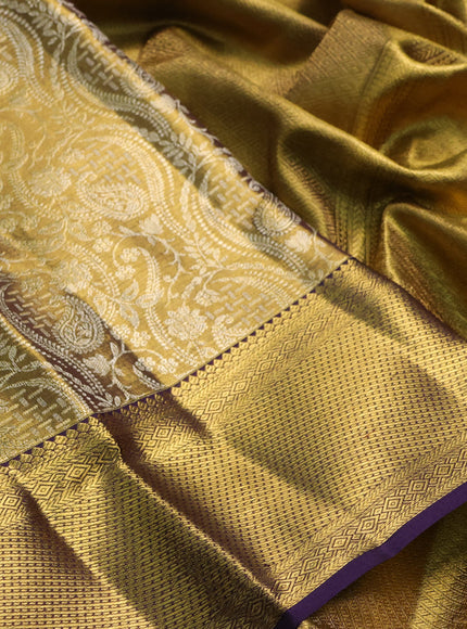 Pure kanchipuram tissue silk saree gold and deep violet with allover silver zari woven brocade weaves and rich zari woven border