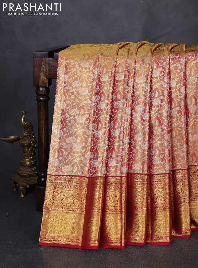 Pure kanchipuram tissue silk saree golden maroon and maroon with allover zari woven brocade weaves and rich zari woven border