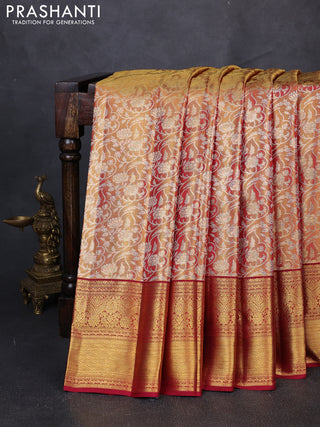 Pure kanchipuram tissue silk saree golden maroon and maroon with allover zari woven brocade weaves and rich zari woven border