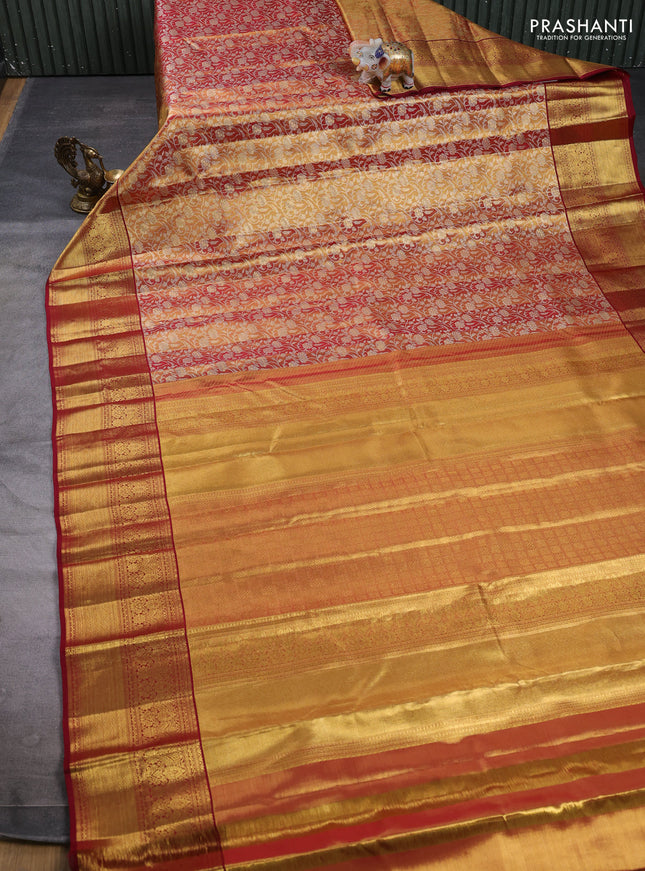 Pure kanchipuram tissue silk saree golden maroon and maroon with allover zari woven brocade weaves and rich zari woven border