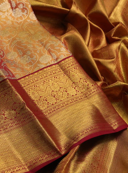 Pure kanchipuram tissue silk saree golden maroon and maroon with allover zari woven brocade weaves and rich zari woven border