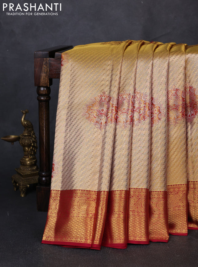 Pure kanchipuram tissue silk saree gold and maroon with allover zari woven brocade weaves and rich zari woven border