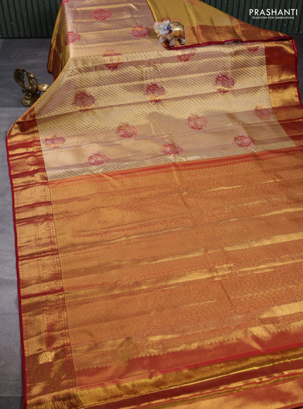 Pure kanchipuram tissue silk saree gold and maroon with allover zari woven brocade weaves and rich zari woven border