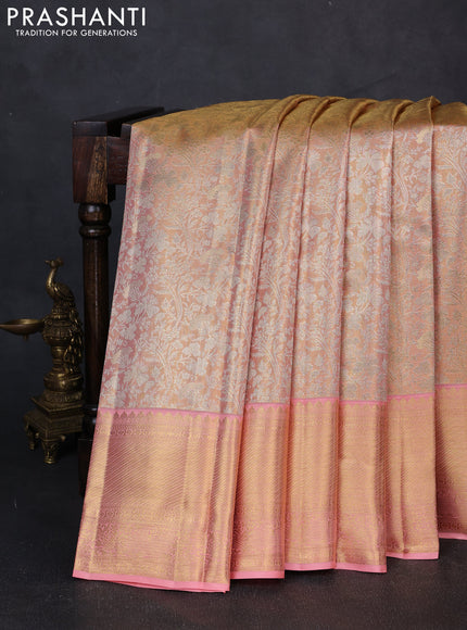 Pure kanchipuram tissue silk saree golden peach with allover zari woven floral brocade weaves and rich zari woven border