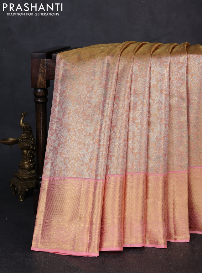 Pure kanchipuram tissue silk saree golden peach with allover zari woven floral brocade weaves and rich zari woven border