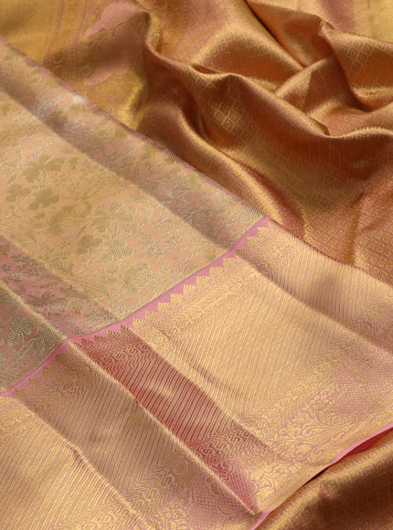 Pure kanchipuram tissue silk saree golden peach with allover zari woven floral brocade weaves and rich zari woven border