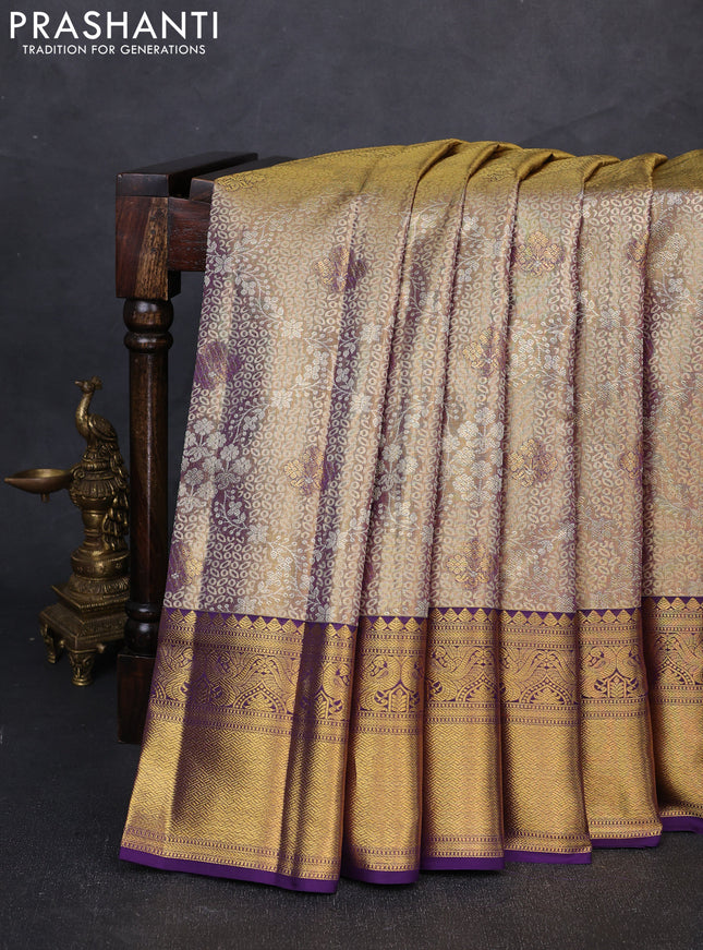 Pure kanchipuram tissue silk saree gold and violet with allover zari woven brocade weaves and rich zari woven border