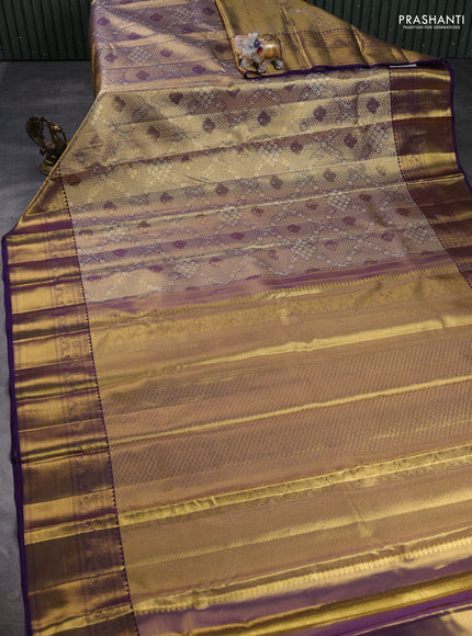 Pure kanchipuram tissue silk saree gold and violet with allover zari woven brocade weaves and rich zari woven border
