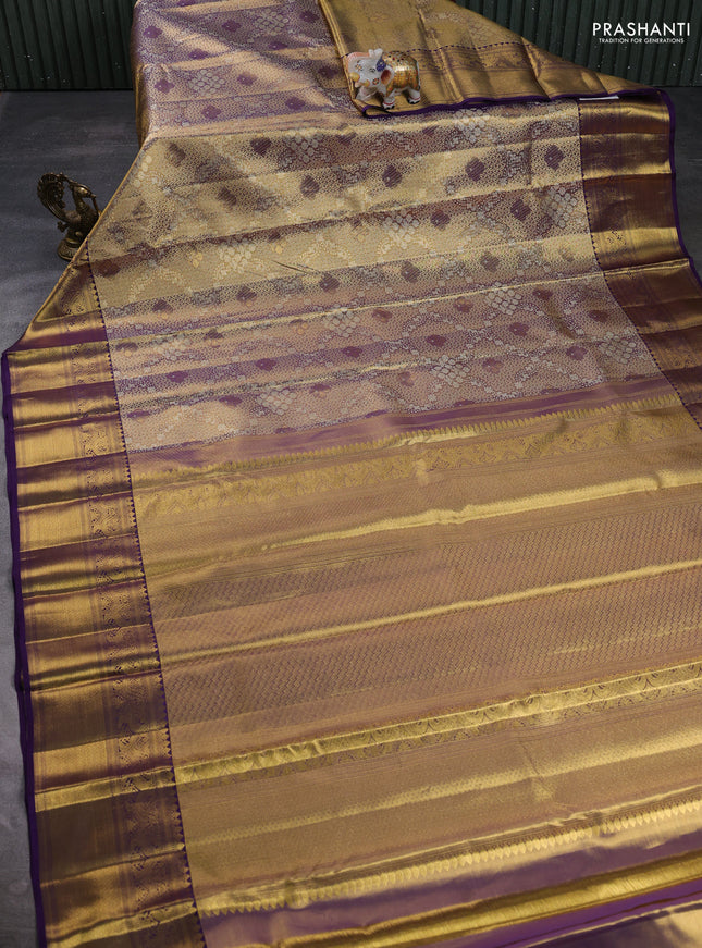 Pure kanchipuram tissue silk saree gold and violet with allover zari woven brocade weaves and rich zari woven border
